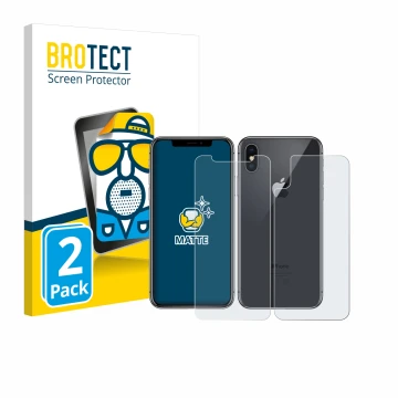 Vorderseite einer Produktverpackung mit dem Markenlogo BROTECT. Daneben ist das Gerät Apple iPhone X (Display+Rückseite) mit d