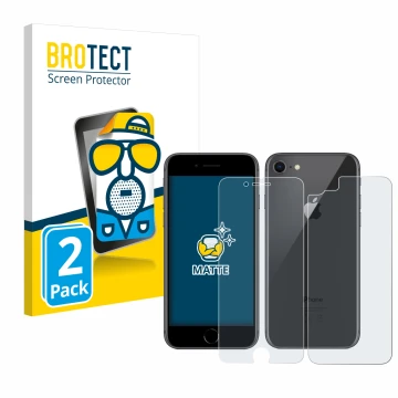 Vorderseite einer Produktverpackung mit dem Markenlogo BROTECT. Daneben ist das Gerät Apple iPhone 8 (Display+Rückseite) mit d