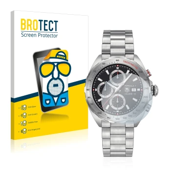 Vorderseite einer Produktverpackung mit dem Markenlogo BROTECT. Daneben ist das Gerät TAG Heuer Formula 1 (44 mm) mit dem zuge