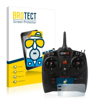 Vorderseite einer Produktverpackung mit dem Markenlogo BROTECT. Daneben ist das Gerät Spektrum DX8 G2 mit dem zugehörigen Disp