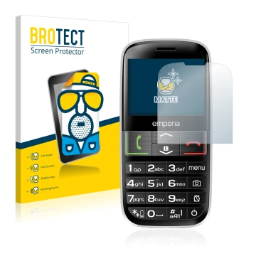 Vorderseite einer Produktverpackung mit dem Markenlogo BROTECT. Daneben ist das Gerät Emporia Euphoria V50-3G mit dem zugehöri