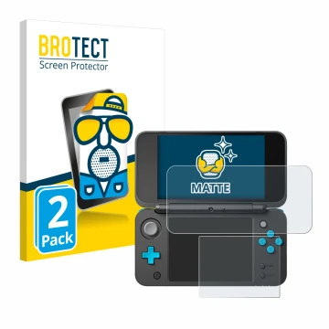 Vorderseite einer Produktverpackung mit dem Markenlogo BROTECT. Daneben ist das Gerät New Nintendo 2DS XL mit dem zugehörigen 