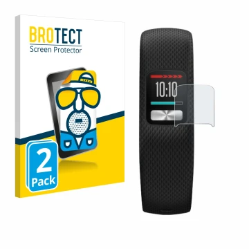 Vorderseite einer Produktverpackung mit dem Markenlogo BROTECT. Daneben ist das Gerät Garmin Vivofit 4 mit dem zugehörigen Dis