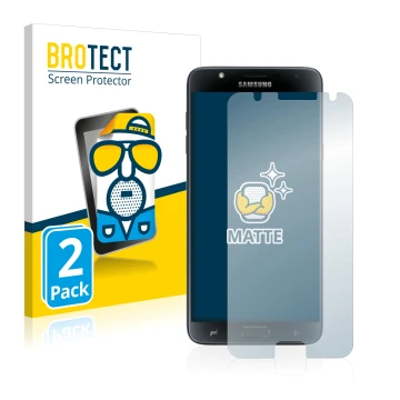 Vorderseite einer Produktverpackung mit dem Markenlogo BROTECT. Daneben ist das Gerät Samsung Galaxy J7 Duo 2018 mit dem zugeh