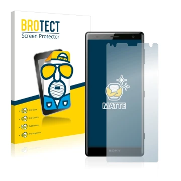 Vorderseite einer Produktverpackung mit dem Markenlogo BROTECT. Daneben ist das Gerät Sony Xperia XZ2 mit dem zugehörigen Disp