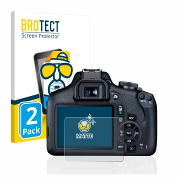 Vorderseite einer Produktverpackung mit dem Markenlogo BROTECT. Daneben ist das Gerät Canon EOS 2000D mit dem zugehörigen Disp