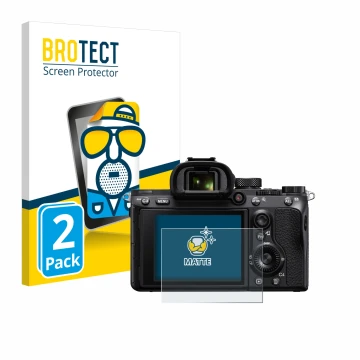 Vorderseite einer Produktverpackung mit dem Markenlogo BROTECT. Daneben ist das Gerät Sony Alpha 7 III (ILCE-7M3) mit dem zuge
