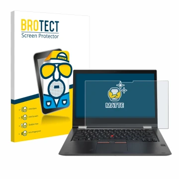 Vorderseite einer Produktverpackung mit dem Markenlogo BROTECT. Daneben ist das Gerät Lenovo ThinkPad Yoga X380 mit dem zugehö