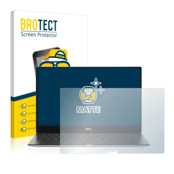 Vorderseite einer Produktverpackung mit dem Markenlogo BROTECT. Daneben ist das Gerät Dell XPS 13 9370 mit dem zugehörigen Dis