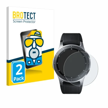 Vorderseite einer Produktverpackung mit dem Markenlogo BROTECT. Daneben ist das Gerät Samsung Galaxy Watch (46 mm) mit dem zug