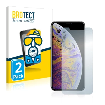 Vorderseite einer Produktverpackung mit dem Markenlogo BROTECT. Daneben ist das Gerät Apple iPhone Xs Max mit dem zugehörigen 