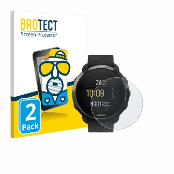 Vorderseite einer Produktverpackung mit dem Markenlogo BROTECT. Daneben ist das Gerät Suunto 3 Fitness mit dem zugehörigen Dis