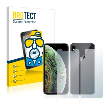Vorderseite einer Produktverpackung mit dem Markenlogo BROTECT. Daneben ist das Gerät Apple iPhone Xs (Display+Rückseite) mit 