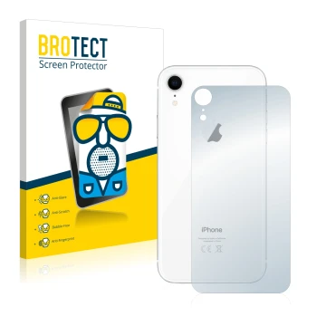 Vorderseite einer Produktverpackung mit dem Markenlogo BROTECT. Daneben ist das Gerät Apple iPhone XR (Rückseite) mit dem zuge
