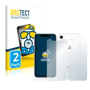 Vorderseite einer Produktverpackung mit dem Markenlogo BROTECT. Daneben ist das Gerät Apple iPhone XR (Display+Rückseite) mit 