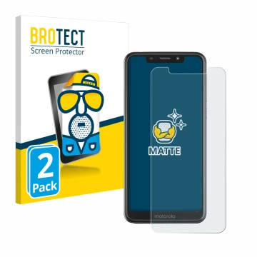 Vorderseite einer Produktverpackung mit dem Markenlogo BROTECT. Daneben ist das Gerät Motorola One mit dem zugehörigen Display