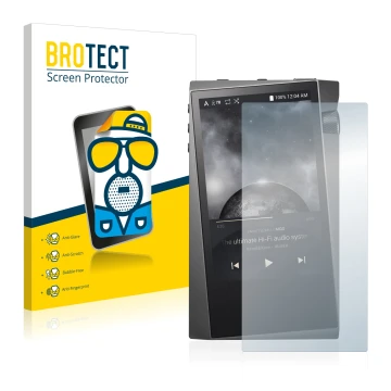 Vorderseite einer Produktverpackung mit dem Markenlogo BROTECT. Daneben ist das Gerät Astell&Kern A&norma SR15 mit dem zugehör