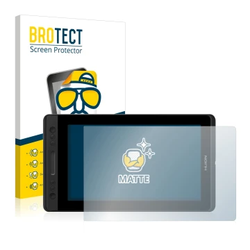 Vorderseite einer Produktverpackung mit dem Markenlogo BROTECT. Daneben ist das Gerät Huion Kamvas Pro 13 mit dem zugehörigen 