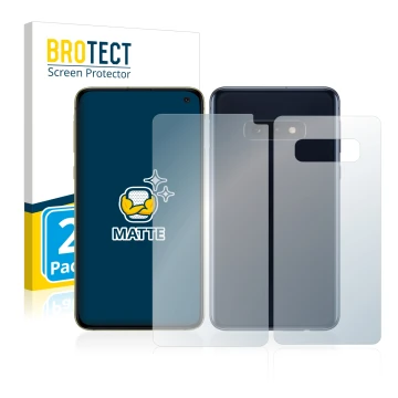 Vorderseite einer Produktverpackung mit dem Markenlogo BROTECT. Daneben ist das Gerät Samsung Galaxy S10e (Display+Rückseite) 
