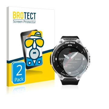 Vorderseite einer Produktverpackung mit dem Markenlogo BROTECT. Daneben ist das Gerät Casio Pro Trek Smart WSD-F20 mit dem zug