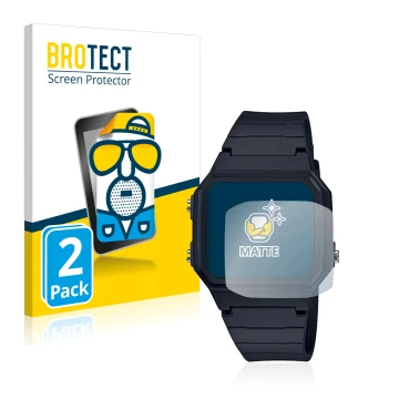 Vorderseite einer Produktverpackung mit dem Markenlogo BROTECT. Daneben ist das Gerät Casio Unisex A168WA-1YES mit dem zugehör