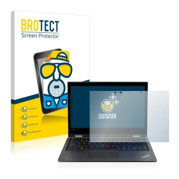 Vorderseite einer Produktverpackung mit dem Markenlogo BROTECT. Daneben ist das Gerät Lenovo ThinkPad L390 Yoga mit dem zugehö