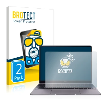 Vorderseite einer Produktverpackung mit dem Markenlogo BROTECT. Daneben ist das Gerät Huawei MateBook 13 2019 mit dem zugehöri