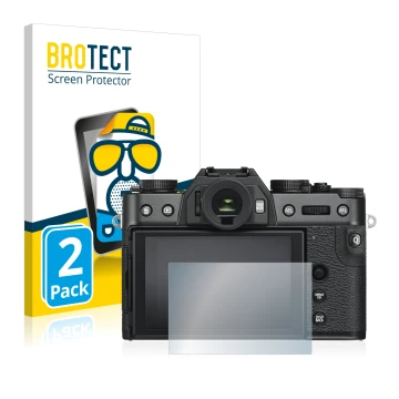 Vorderseite einer Produktverpackung mit dem Markenlogo BROTECT. Daneben ist das Gerät Fujifilm X-T30 mit dem zugehörigen Displ