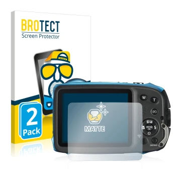 Vorderseite einer Produktverpackung mit dem Markenlogo BROTECT. Daneben ist das Gerät Fujifilm FinePix XP140 mit dem zugehörig