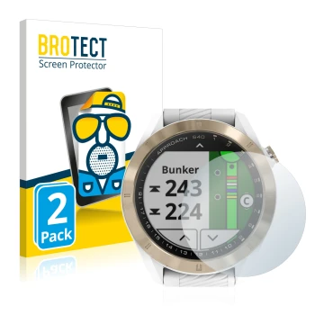 Vorderseite einer Produktverpackung mit dem Markenlogo BROTECT. Daneben ist das Gerät Garmin Approach S40 mit dem zugehörigen 