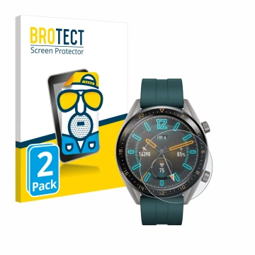 Vorderseite einer Produktverpackung mit dem Markenlogo BROTECT. Daneben ist das Gerät Huawei Watch GT Active mit dem zugehörig