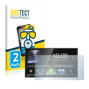 Vorderseite einer Produktverpackung mit dem Markenlogo BROTECT. Daneben ist das Gerät Kenwood DMX7017DABS mit dem zugehörigen 