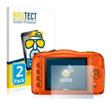 Vorderseite einer Produktverpackung mit dem Markenlogo BROTECT. Daneben ist das Gerät Nikon Coolpix W150 mit dem zugehörigen D