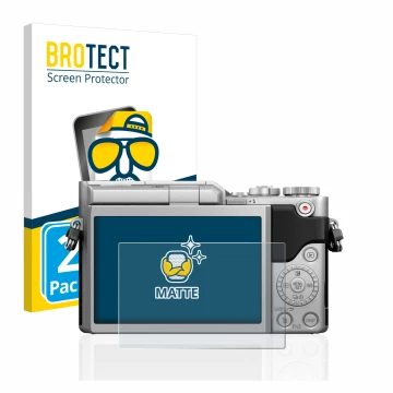 Vorderseite einer Produktverpackung mit dem Markenlogo BROTECT. Daneben ist das Gerät Panasonic Lumix DC-GX880 mit dem zugehör