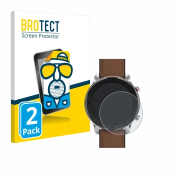 Vorderseite einer Produktverpackung mit dem Markenlogo BROTECT. Daneben ist das Gerät Huami Amazfit GTR (47 mm) mit dem zugehö