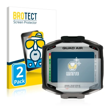 Vorderseite einer Produktverpackung mit dem Markenlogo BROTECT. Daneben ist das Gerät Mares Quad Air mit dem zugehörigen Displ