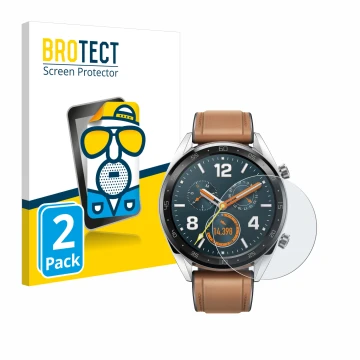 Vorderseite einer Produktverpackung mit dem Markenlogo BROTECT. Daneben ist das Gerät Huawei Watch GT Classic mit dem zugehöri
