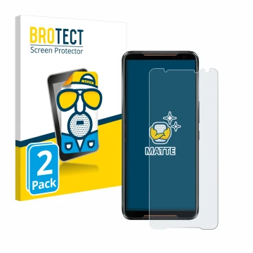 Vorderseite einer Produktverpackung mit dem Markenlogo BROTECT. Daneben ist das Gerät ASUS ROG Phone 2 mit dem zugehörigen Dis