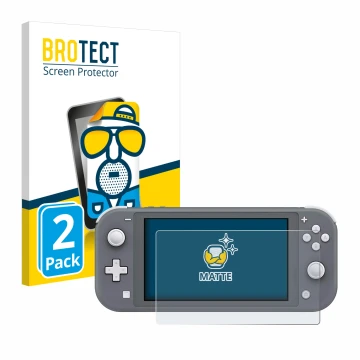 Vorderseite einer Produktverpackung mit dem Markenlogo BROTECT. Daneben ist das Gerät Nintendo Switch Lite mit dem zugehörigen