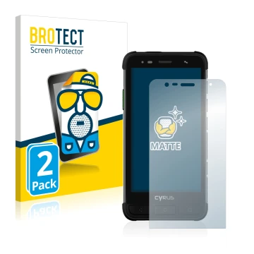 Vorderseite einer Produktverpackung mit dem Markenlogo BROTECT. Daneben ist das Gerät Cyrus CS45 XA mit dem zugehörigen Displa