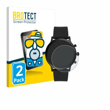 Vorderseite einer Produktverpackung mit dem Markenlogo BROTECT. Daneben ist das Gerät Fossil The Carlyle HR (5.Gen) mit dem zu