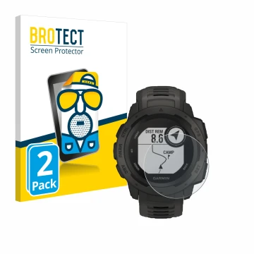 Vorderseite einer Produktverpackung mit dem Markenlogo BROTECT. Daneben ist das Gerät Garmin Instinct Tactical Edition mit dem