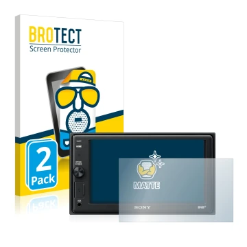 Vorderseite einer Produktverpackung mit dem Markenlogo BROTECT. Daneben ist das Gerät Sony XAV-AX1005DB mit dem zugehörigen Di