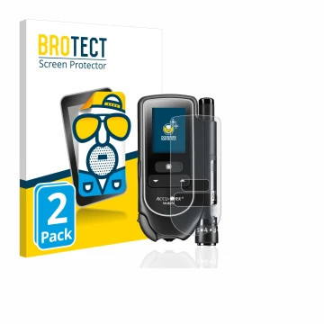 Vorderseite einer Produktverpackung mit dem Markenlogo BROTECT. Daneben ist das Gerät Accu-Chek Mobile mit dem zugehörigen Dis