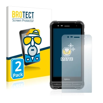 Vorderseite einer Produktverpackung mit dem Markenlogo BROTECT. Daneben ist das Gerät Cyrus CS22 XA mit dem zugehörigen Displa