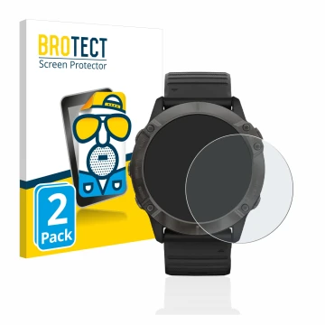 Vorderseite einer Produktverpackung mit dem Markenlogo BROTECT. Daneben ist das Gerät Garmin Fenix 6X Pro mit dem zugehörigen 