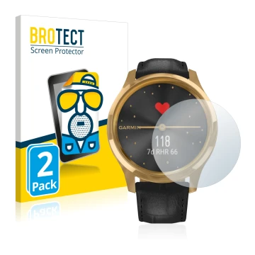 Vorderseite einer Produktverpackung mit dem Markenlogo BROTECT. Daneben ist das Gerät Garmin vivomove Luxe (42 mm) mit dem zug