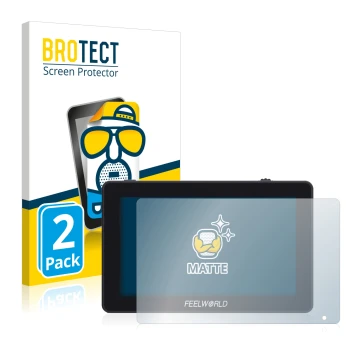 Vorderseite einer Produktverpackung mit dem Markenlogo BROTECT. Daneben ist das Gerät Feelworld F6 Plus mit dem zugehörigen Di