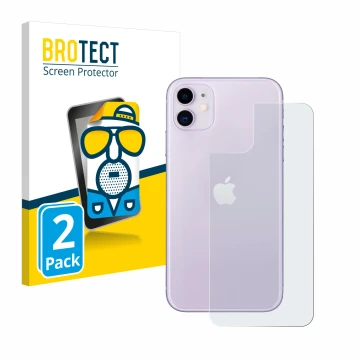 Vorderseite einer Produktverpackung mit dem Markenlogo BROTECT. Daneben ist das Gerät Apple iPhone 11 (Rückseite) mit dem zuge