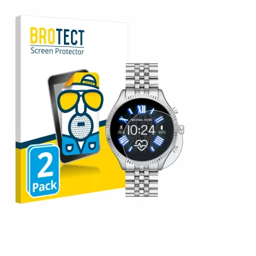 Vorderseite einer Produktverpackung mit dem Markenlogo BROTECT. Daneben ist das Gerät Michael Kors Access Lexington 2 mit dem 